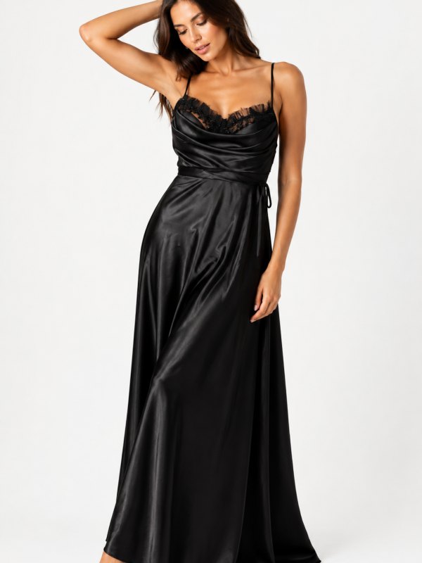 Elegant Svart Satin Maxiklänning med Spetsdetaljer