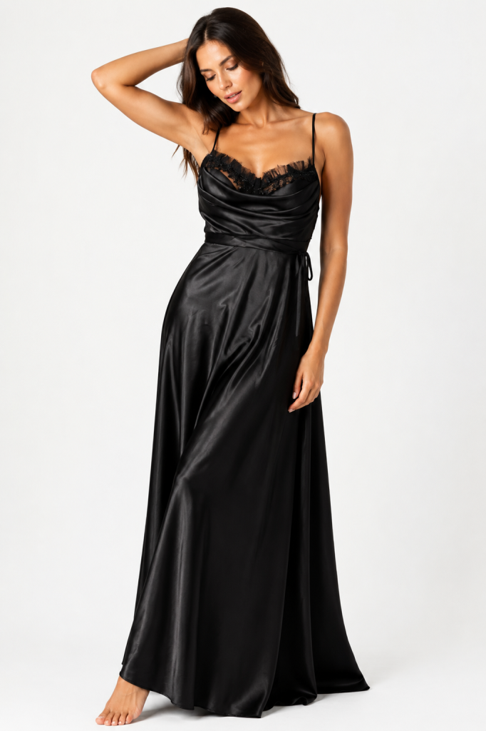 Elegant Svart Satin Maxiklänning med Spetsdetaljer