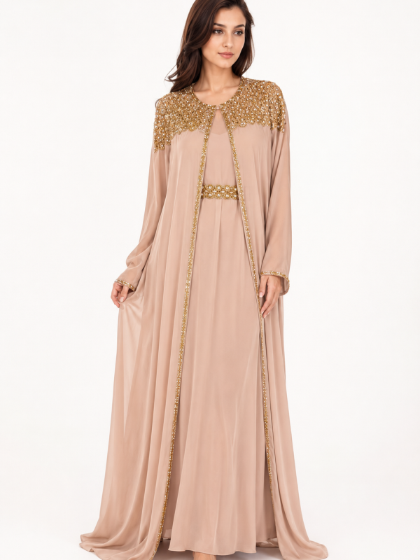 Elegant Beige Festklänning med Guldabaya