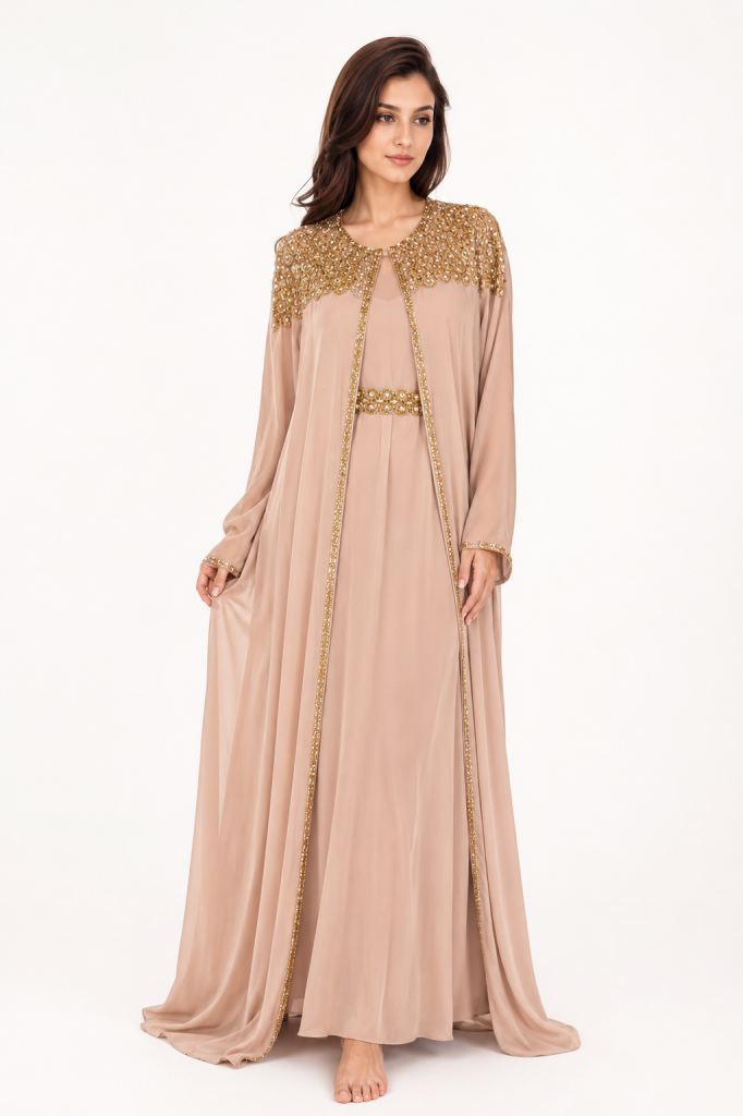 Elegant Beige Festklänning med Guldabaya